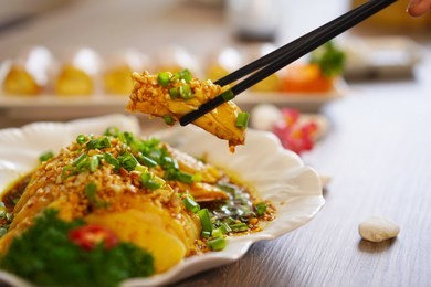 sichuan spicy chicken with soy sauce and peanut. chinese cuisine, hong kong cuisine. steamed chicken. asian food.                                  