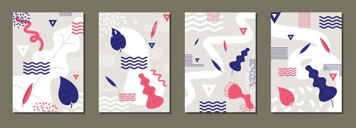 set of artistic minimal universal card templates in memphis style with abstract hand drawn floral elements. design for poster, card, invitation, brochure. memphis and hipster style. vector isolated