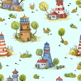 seamless pattern with cartoon lighthouses, trees, stones and plants. fairytale landscape on blue background. hand drawn watercolor illustration 