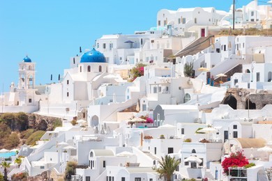 greece, typical foreshortening of imerovigli, santorini