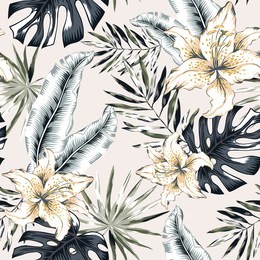tropical lily flowers and gray palm leaves, beige background. vector seamless pattern. jungle foliage illustration. exotic plants. summer beach floral design. paradise nature. neutral colors
