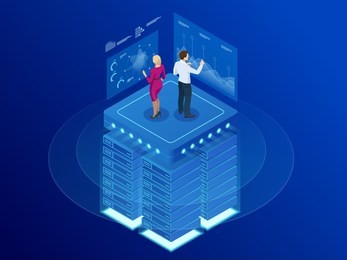 isometric web banner data analytics platform and statistics. vector illustration hosting server or data center room. technology, internet and network concept. data and investments.