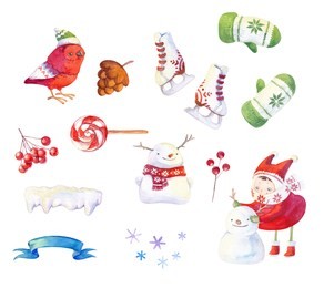 watercolor set of winter objects isolated on white background. hand painted illustration of mittens, skates, bird, and girl with snowman. collection of children design elements