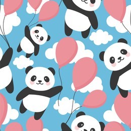 seamless panda pattern background, happy cute panda flying in the sky between colorful balloons and clouds, cartoon panda bears vector illustration for kids