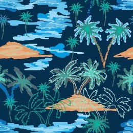 blue lagoon paradise. seamless vector pattern with ocean, islands and palms. tropical textile collection. on dark blue background.