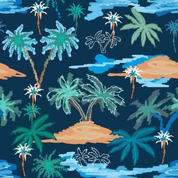 blue lagoon paradise. seamless vector pattern with ocean, islands and palms. tropical textile collection. on indigo background.