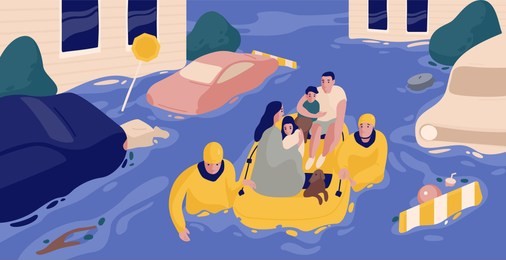 flood survivors sitting in inflatable boat rescued by pair of rescuers. family saved from flooded area or town. people and natural disaster. colorful vector illustration in flat cartoon style