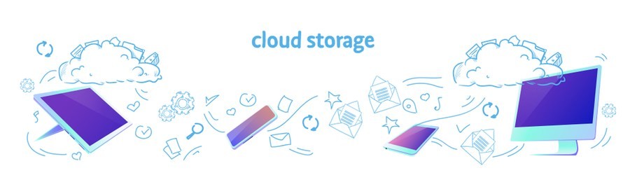 data cloud storage online synchronization security database concept horizontal banner sketch doodle vector illustration