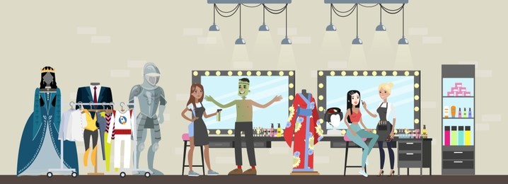 film studio building interior. actor in dressing room prepare for the movie scene, doing makeup and choosing clothes. making film concept. vector flat illustration