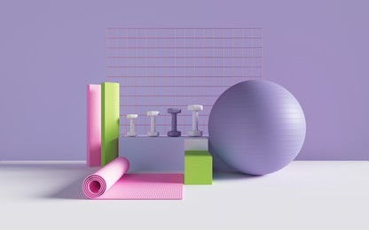 3d render, abstract sport, fitness equipment, active lifestyle, weight loss, objects, gym, pastel colors mockup