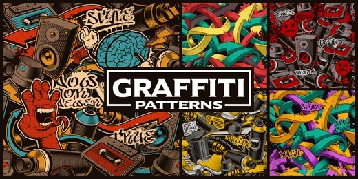 set of seamless patterns with graffiti art. fashion backgrounds with doodle characters. 