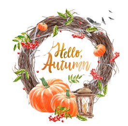 a watercolor greeting card or a frame for autumn, a congratulatory wreath with pumpkin, rowan, autumn berries, leaves and a flashlight, a calligraphic lettering "hello, autumn"