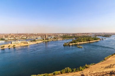 a scene for the nile in aswan. colorful landscape of nile in aswan.