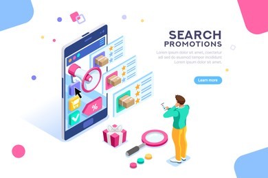 social campaign for buying and rating. product moving on website for search or promotion map. seo video content for shopping like or star. flat isometric characters. concept for landing page for web.