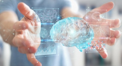 businessman on blurred background using using digital 3d projection of a human brain 3d rendering