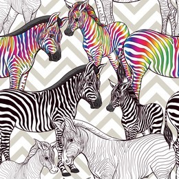 seamless pattern, background  with adult zebra  and zebra cub.  realistic drawing, animalism. vector illustration.   on grey and white zigzag stripes background. colored and outline 