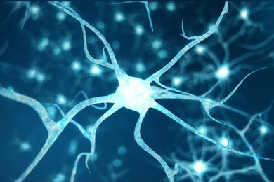 conceptual illustration of neuron cells with glowing link knots. neurons in brain on with focus effect. synapse and neuron cells sending electrical chemical signals. 3d illustration