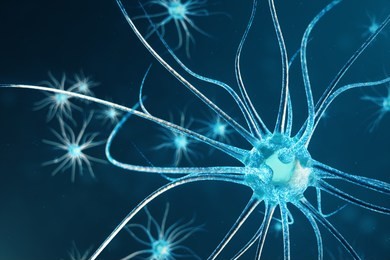 conceptual illustration of neuron cells with glowing link knots. neurons in brain on with focus effect. synapse and neuron cells sending electrical chemical signals. 3d illustration