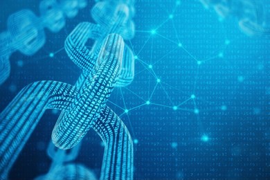 3d illustration digital block chain code. low polygonal grid of triangles glowing in blue dot network, abstract background. concept of network, internet communication