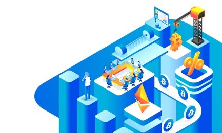 isometric view of cryptocurrency exchange platform with illustration of people working together, analyst analysis the data.