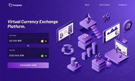 isometric design of virtual currency exchange platform with 3d illustration of working people execute the process for responsive landing page design.