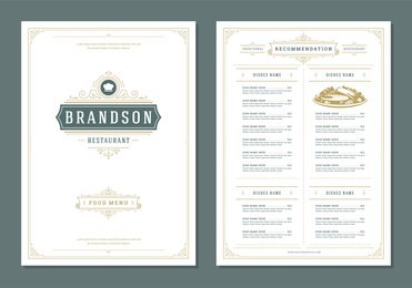 restaurant menu design and label vector brochure template. chef hat illustration and ornament decoration.