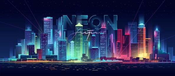 futuristic night city. cityscape on a dark background with bright and glowing neon purple and blue lights. cyberpunk and retro wave style illustration.