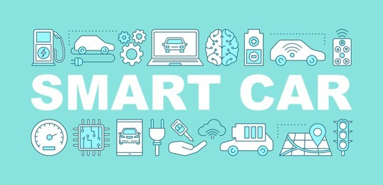 smart car word concepts banner. artificial intelligence auto. autonomous automobile. self driving car. isolated lettering typography idea with linear icons. vector outline illustration