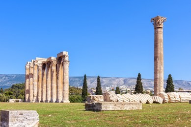 temple of olympian zeus in athens, greece. the antique temple of zeus or olympieion is one of the main landmarks of athens. panorama of the famous ancient greek ruins in athens center in summer.