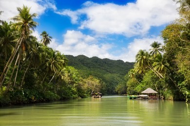 restaurant boats on the loboc river, bohol, philippines