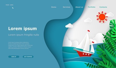 landing page tourism, sea voyage. sailboat, ocean, clouds, sun, tropical leaves, waves. paper cut design creative wallpaper vector illustration