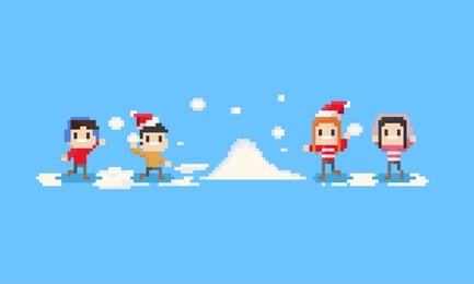 pixel happy children playing the snow.8bit.christmas.