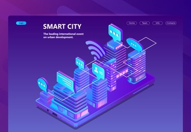 smart city vector site with 3d isometric smart megapolis, city in violet colors. network portal with button for urban development. collection of ultraviolet skyscrapers on smartphone, buildings