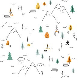 vector minimal seamless pattern with wild forest life in mountains and man with dog, birds. can be printed and used as wrapping paper, wallpaper, textile, fabric, etc. 