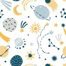 cute kids space vector seamless pattern. doodle cartoon planets, comet, satellite and stars. hand drawn vector illustration. children texture for textile, fabric, paper