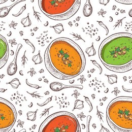 cream soup vector seamless pattern. isolated hand drawn bowl of soup, spoon and spices. pumpkin, tomato, broccoli soup. vegetable doodle style background. detailed vegetarian food sketch. 