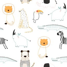 cute jungle animals seamless pattern. vector hand drawn illustration.