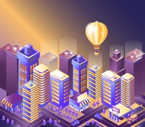 modern city night isometry vector illustration. illustration of a balloon flying over the city. cityscape 3d background. skyscrapers at night. skyline scene. landscape smart megapolis. 