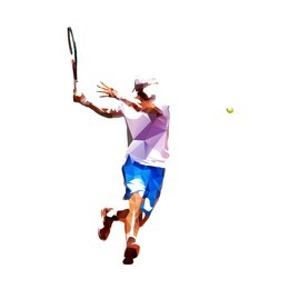 tennis player low poly vector illustration. isolated adult man in white shirt and blue shorts playing tennis. individual summer sport. active people