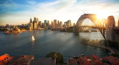 panorama of sydney harbour and bridge in sydney city, new south wales, australia