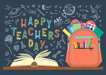 happy teachers day. school backpack and open book on blackboard background with chalkdrawing dooles and lettering. vector illustration.