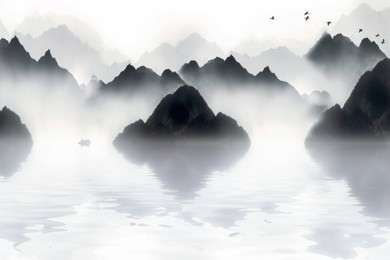 the mountains in the morning fog, the chinese painting style of ink and wash landscape.