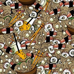 seamless japanese cuisine sushi, roll and ramen pattern. good for textile, apparel, wrapping etc. vector background