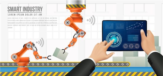 move to factory and industry in the future. people connecting with a factory using smartphone,tablet and exchanging data with a neural network. smart industry 4.0 infographic. artificial intelligence.