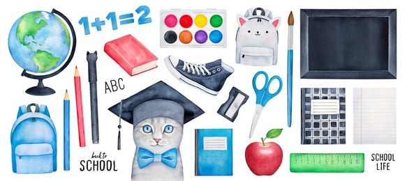 big "back to school" collection with smart kitten character, different stationery, tools, bag, symbols, black board, paintbox, copybooks. hand drawn watercolour painting, clip art elements for design.