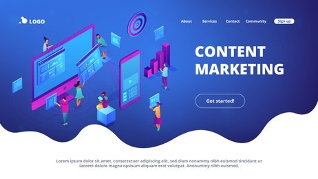 isometric it specialists working with charts on content marketing landing page. business analysis, content strategy and management concept. blue violet background. vector 3d isometric illustration.