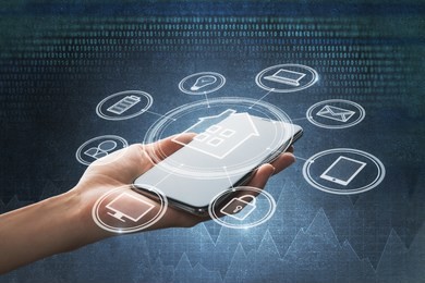 hand holding cellphone with abstract smart home interface. technology and future concept 
