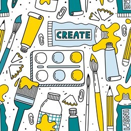 seamless pattern with palette tubes of paint, brushes and stains hand drawn illustration. stationery pattern