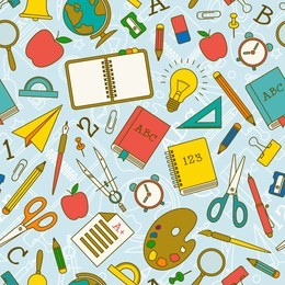 back to school doodle seamless pattern with supplies and objects on light blue background vector illustration