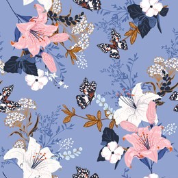 romantic soft and gentle floral in the gaerden ,lily,many kind of flowers ,butterflies seamless pattern vector design for fashion,fabric,wallpaper and all prints on light blue background color